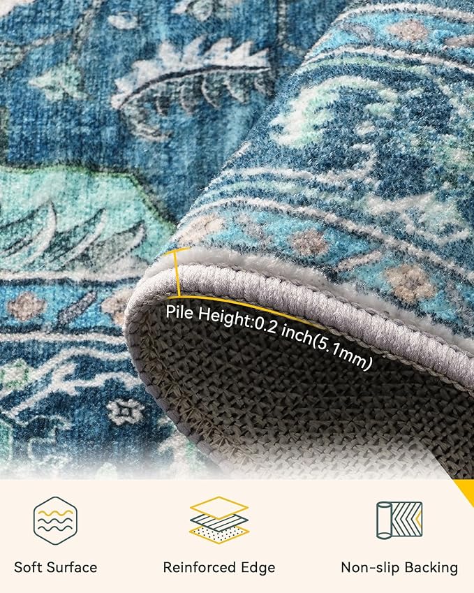 Area Rugs 2'6''x10' Washable Non-Slip, Floral Vintage Distress Print Pattern Medallion Carpet for Living Room Bedroom Dining Room, Teal Green Lake Blue Turquoise