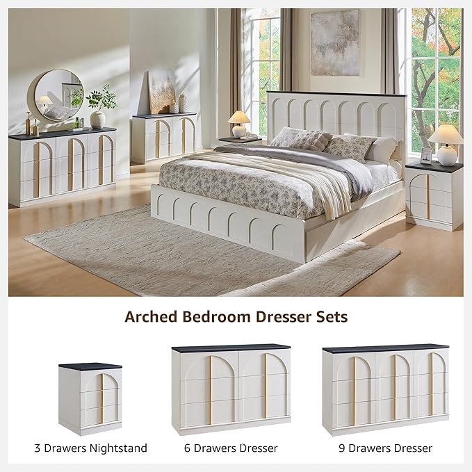 ACCOHOHO Arched Dresser for Bedroom with 6 Drawers, 47.3" Wide Modern Chest of Drawers with Rounded Edge & Metal Handles, Wood Storage Closet Dressers TV Stand for Living Room, Hallway, White