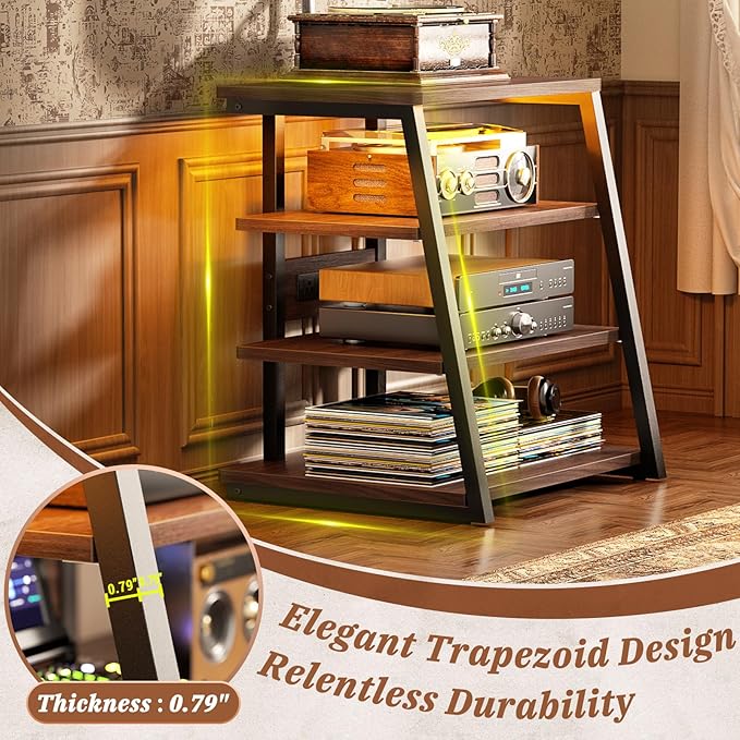 Armocity 4-Tier AV Media Stand with Power Strips, Corner TV Stand with LED Lights, Rack Audio Tower with Adjustable Shelves, Corner Entertainment Center, 30'', Black Walnut