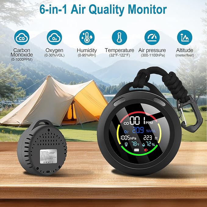 Portable Carbon Monoxide Detectors, 6-in-1 CO Detector, CO/O2/Temperature/Humidity/Altitude/Atmospheric Pressure, Portable Oxygen Detector with Alarm & Color Backlight, for Indoor, Camping, RV,Travel