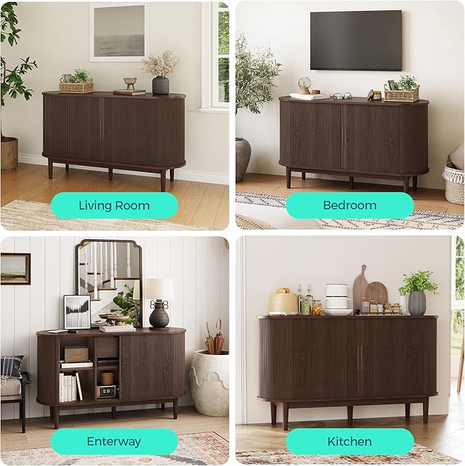 LINSY HOME Sideboard Buffet Cabinet with Storage, 55" Fluted Coffee Bar Cabinet with Tambour Sliding Doors and Drawer, Mid Century Modern Wood Storage Buffet Table for Kitchen, Living Room, Walnut | with Storage, Fluted, Coffee Bar Cabinet, Drawer, Mid...