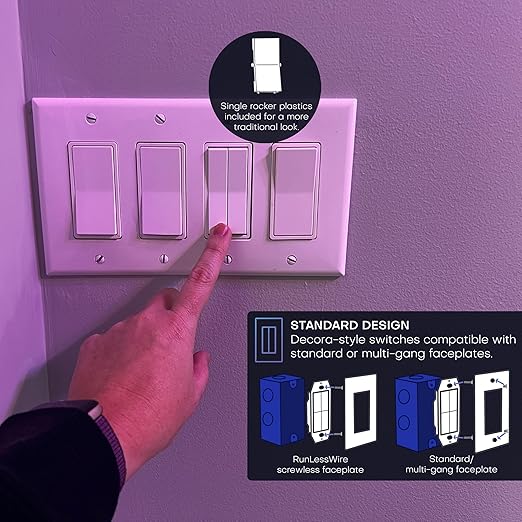RunLessWire Click for Philips Hue – Battery-Free Wireless Smart Light Switch, 30ft Range – Works Natively with Philips Hue Bridge – Wall Mount Kinetic Switch - Decora Style, Ivory