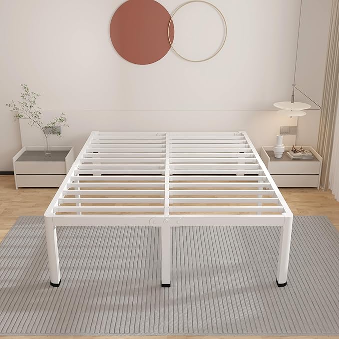 ROIL 20 Inch White Queen Bed Frame with Rounded Corner and Headboard Hole Mattress Retainers, 3500LBS Heavy Duty Steel Slats No Box Spring Needed Platform Noise-Free Easy Assembly