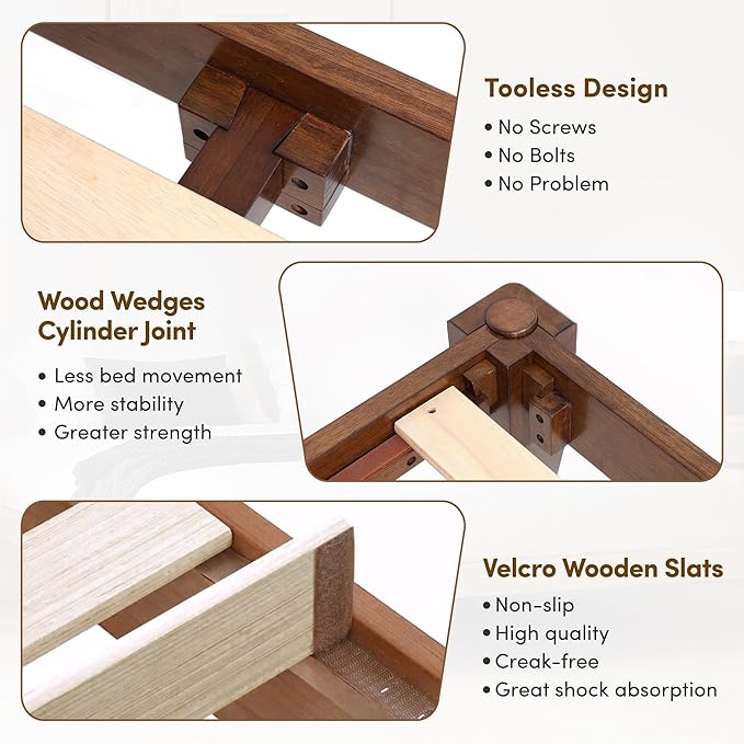 Thor Bed Frame Queen - Solid Wood Platform Bed - Japanese Joinery Bed Frame - Wood Slat Support - No Box Spring Needed - Easy Assembly - Minimalist & Modern Style (Walnut)
