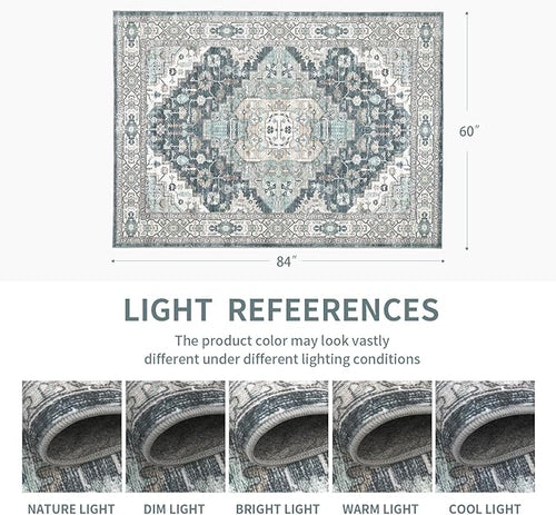 5x7 Vintage Washable Area Rug for Living Room,Low Pile Non Slip Carpet Non-Shedding Area Rug Soft Indoor Stain Resistant Rug Boho Print Mat for Bedroom Dining Room Blue Beige Multi