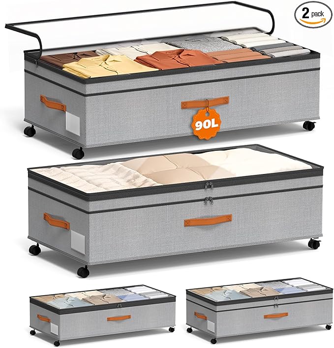 Under Bed Storage, 35.5 inches Under Bed Storage with Wheels, Large Capacity UnderBed Containers with Clear Lids, 2Pcs Rolling Under the Bed Storage for Clothes, Shoes, Blankets Black (Deep Gray)