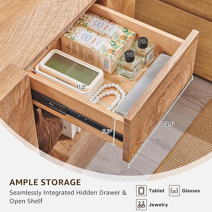 OKD 24" Modern Nightstand with Charging Station, Large Wood Bedside Table w/Hidden Drawers & Open Storage Shelf, Rustic End Table for Bedroom,Living Room,Light Tree Knot