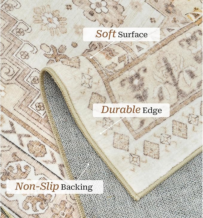 zesthome 3x5 Rug Ultra Soft Washable Rug, Non Slip Area Rug Indoor Entrance, Stain Resistant Rugs for Living Room Bedroom, Vintage Home Decor Area Rugs (Cream/Beige,3'x5')