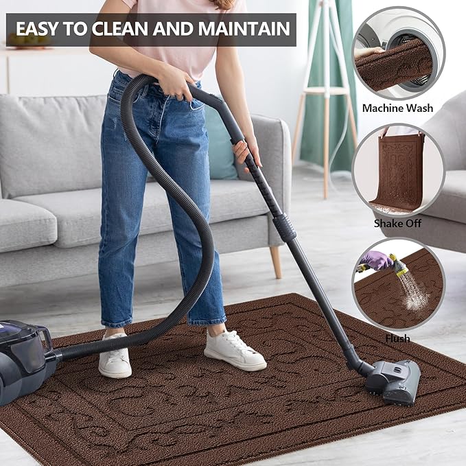 FONEYI Indoor Door Mat 24" x 36", Dirt Trapper Door Mats Non-Slip Entryway Rugs Washable, Absorbent Resist Dirt Welcome Mat, Low Profile Inside Floor Mats for Front Back Door and Entryway, Coffee