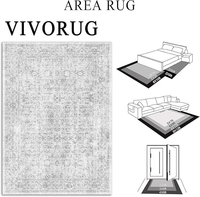 4x6 Rug, Small Area Rug for Living Room, Bedroom, Kitchen, Machine Washable Non-Slip Throw Rug, Vintage Distressed Floral Carpet for Entryway Nursery Dinner Room - Durable (Grey)