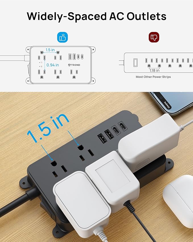 TROND 360° Rotating Flat Plug Power Strip, 5 Widely-Spaced Outlets with 2 USB A and 2 USB C, ETL Listed, 1300J Surge Protector, Wall Mountable, 5ft Extension Cord, for Home Office, Black
