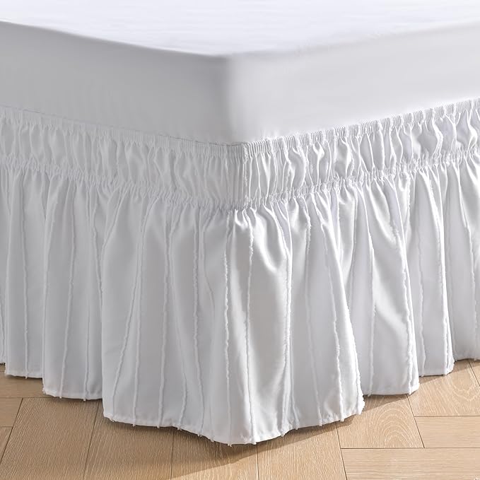 MIYE Striped Tufted Bed Skirt - Wrap Around Dust Ruffle with Elastic Belts - 12.5 Inch Drop Easy to Put On - Bedskirt Machine Washable ＆ Wrinkle Resistant(Striped/White, Full/Twin-12.5" Drop)