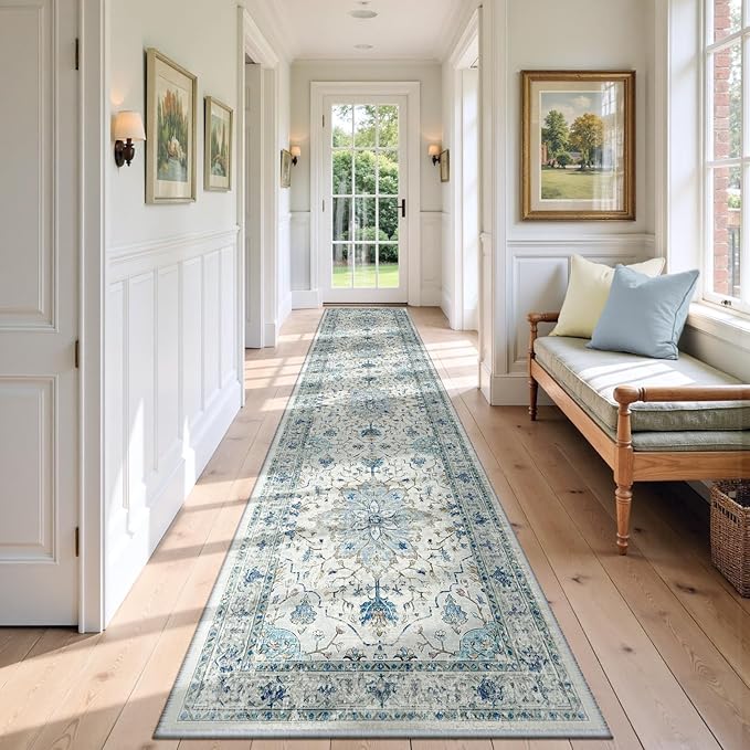 Area Rugs 2'6''x12' Washable Non-Slip, Floral Vintage Distress Print Pattern Medallion Carpet for Living Room Bedroom Dining Room, Light Blue Navy Beige Gray White