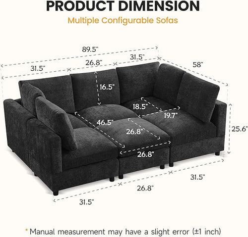 89'' Modular Sectional Cloud Sofa Bed, 6-Seater Convertible Sofa Couch with Ottoman, Modern Deep Seat Sleeper Sofa for Living Room, Chenille Dark Grey