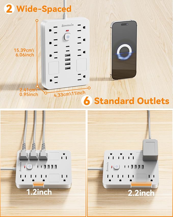 Bawmwim Surge Protector Power Strip - 8 Outlets(1850W/15A) with 6 USB Ports（2 USB C, 6FT Flat Plug Extension Cord, Wall Mount Multi Plug Outlet Extender, ETL Listed for Home, Dorm Room, White
