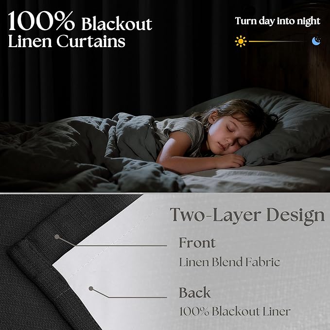 Black Pinch Pleated Blackout Linen Curtains 86 Inches Long for Bedroom Pleated 100% Black Out Drape with Liner Modern Farmhouse Midnight Extra Long 86 Inch Window Curtain Panel for Living Dining Room