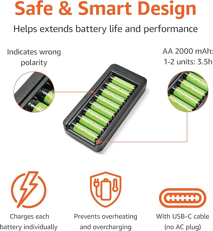 Amazon Basics Rechargeable AA NiMh Batteries with 8-Bay Battery Charger, USB-C Port, No AC Power Adapter, 8 Count (Pack of 1), Black