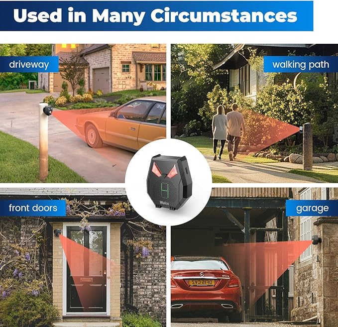 Solar Wireless Driveway Alarm, Outdoor Motion Sensor Detector Alarms Driveway Alert System 2000ft Long Range with Rechargeable Battery, Outside Weatherproof/Expandable (1 Receiver and 4 sensors)