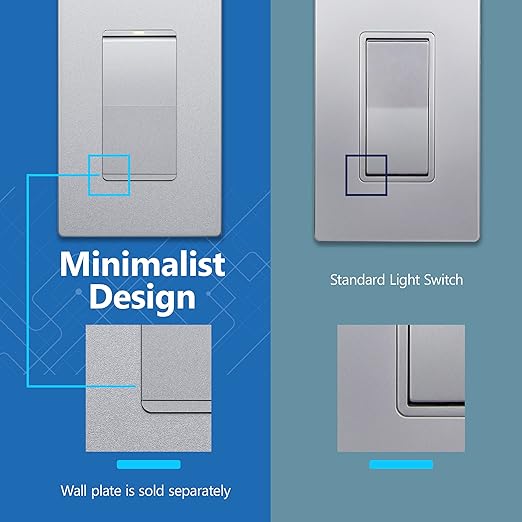 LIDER Minimalist Design Matte Finish Lighted Decorator Switch, Frameless Paddle Light Switch with Locator Light, Grounding Screw, 3-Way or Single Pole, 15A 120V, UL Listed, LS15-3W-SV, Silver