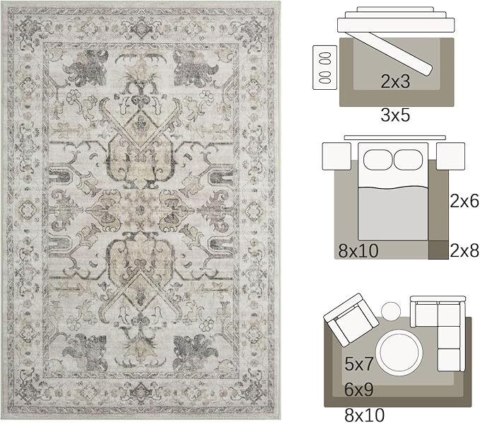 jinchan 4x6 Machine Washable Area Rug Ultra-Thin Soft Throw Rug Low Pile Non-Slip Stain Resistant Distressed Vintage Floral Carpet for Bedroom, Living Room, Dining Room, Kitchen, Nursery(4x6ft, Taupe)