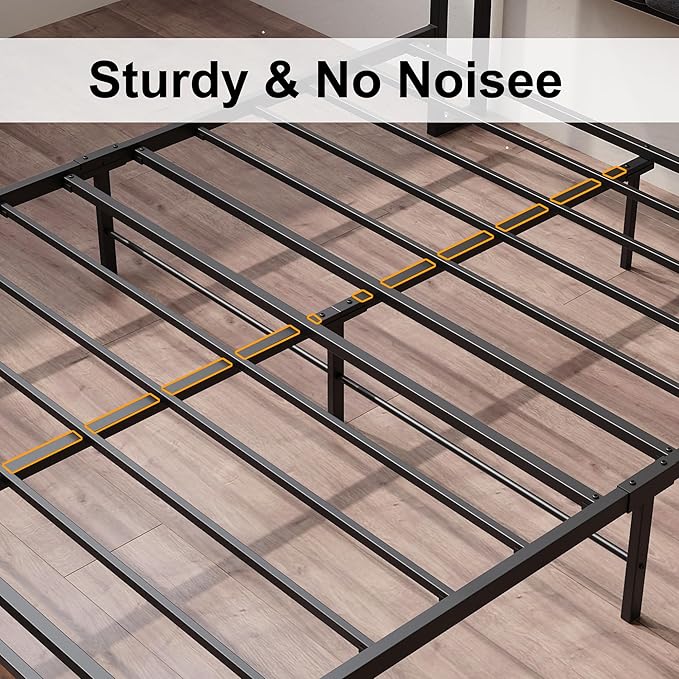 LIKIMIO Queen Bed Frame, Storage Headboard with Charging Station, Solid and Stable, Noise Free, No Box Spring Needed, Easy Assembly