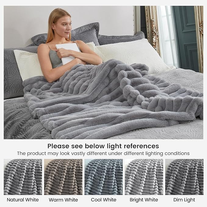 Cozy Bliss Faux Fur Throw Blanket for Couch, Cozy Warm Plush Striped Blanket for Sofa Bedroom Living Room, 60 * 80 Inches Gray