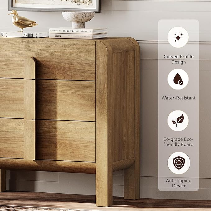 WAMPAT Modern 3 Drawer Nightstand, 31.5" Tall Nightstand with Large Chest of Drawers, Wooden Bedroom Dresser w/Curved Profile Design, End Table Bed Side Table for Bedroom, Living Room, Light Walnut