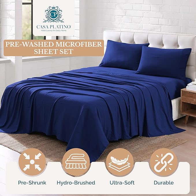 Casa Platino King Size Sheet Set – 4 Piece Bedding Set, Pre-Washed Ultra Soft Brushed Microfiber, Cozy Fit, Deep Pocket 15” Sheet, Fade Resistant, Lightweight, Breathable Fabric - Navy Blue