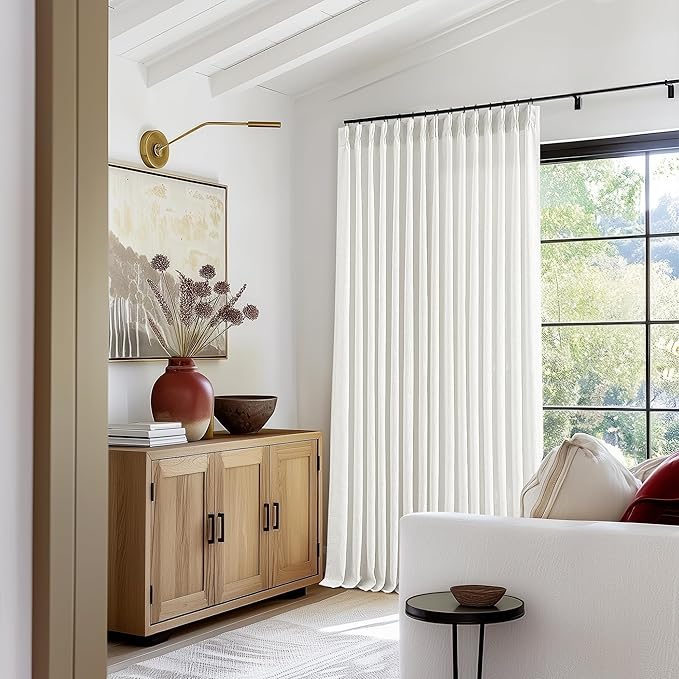 Off White Patio Sliding Door Curtains 100 Width 102 Inches Long Pinch Pleated Curtain Drape with Hooks Rings Light Filtering Semi Sheer Extra Wide 100x102 Drapes Panel for Living Dining Room
