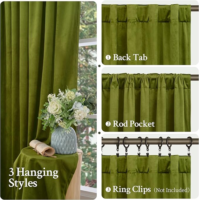 LAMIT Moss Green Velvet Curtains for Living Room 102 Inch Length, Vintage Thermal Insulated Room Darkening Drapes Super Soft Back Tab and Rod Pocket Panels for Bedroom, 2 Panels, 52 x 102 Inch