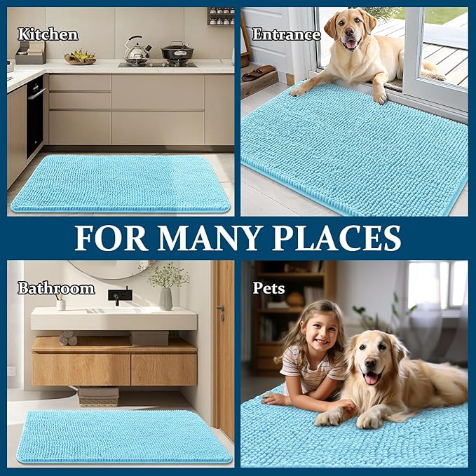 OLANLY Dog Door Mat for Muddy Paws 40x32, Absorbs Moisture and Dirt, Absorbent Non-Slip Washable Doormat, Quick Dry Chenille Mud Mat for Dogs, Entry Indoor Entryway Carpet for Inside Floor, Blue