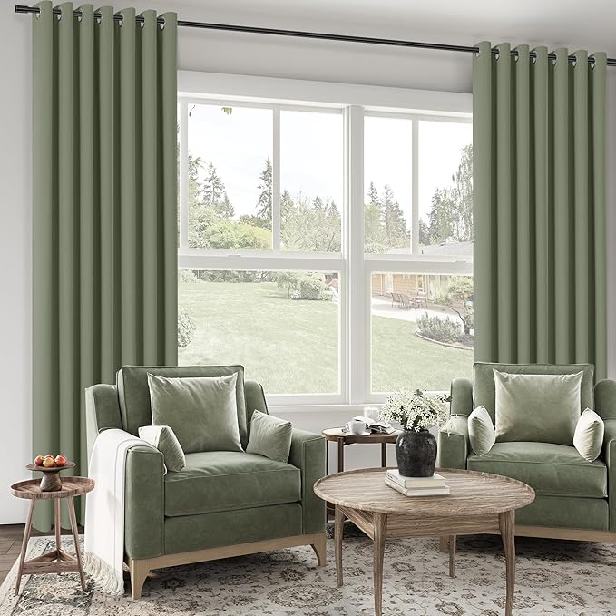 ChrisDowa 100% Blackout sage Solid Curtains 102 Inches Long 2 Panels for Bedroom Living Room,Farmhouse Room Darkening Thermal Insulated Soundproof Grommet Top Window Treatment Drapes,52x102
