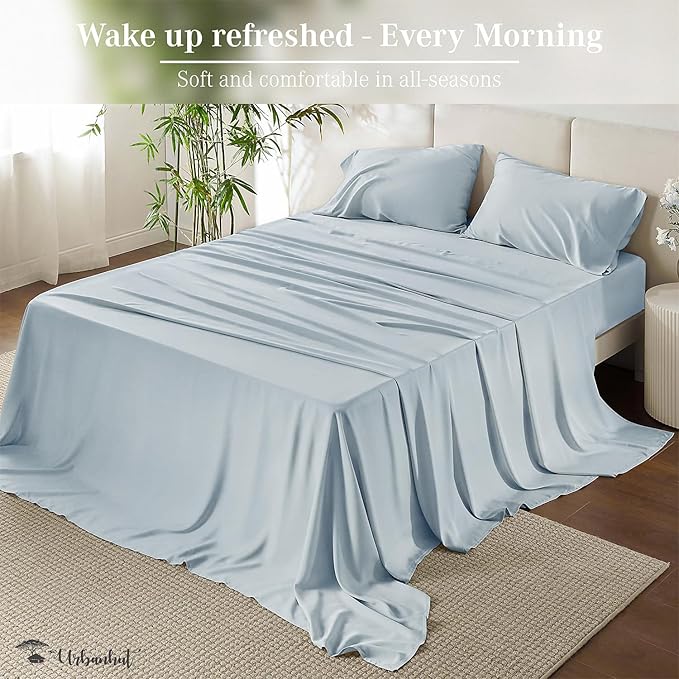 URBANHUT 800 Thread Count 100% Cotton Queen Size Sheets, Luxury 4 Piece Queen Bedsheets, Hotel Sheets Sateen Finish - Better Than Egyptian, 16" Elasticized Deep Pocket - Light Blue