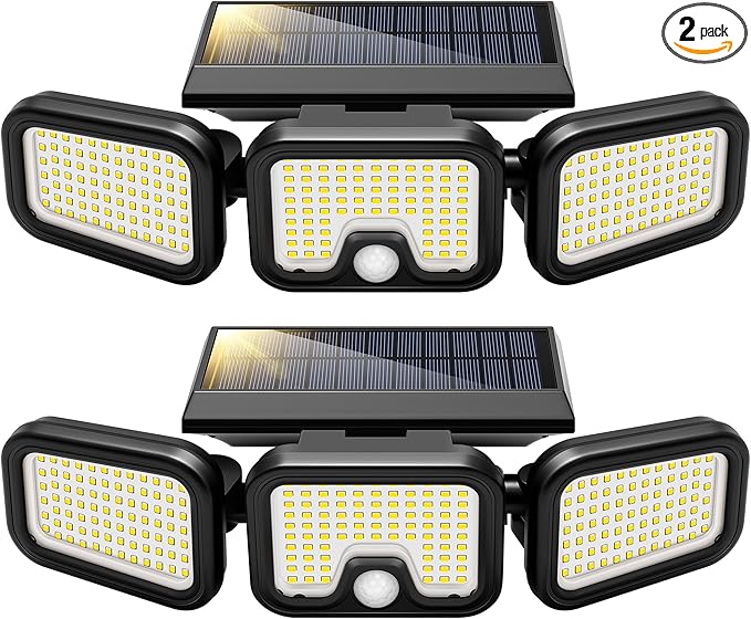 VIVOHOME Solar Flood Lights Outdoor, 256 LED 2500LM Motion Sensor Lights, 3 Adjustable Heads Security Lights, IP65 Waterproof, 270° Wide Lighting Angle Solar Powered Lights for Porch, Yard, 2 Pack