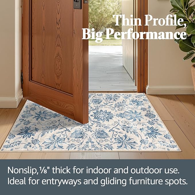 jinchan Torino Floral 5x7 Area Rugs, Vintage-Inspired Design Accent Rug, Machine Washable Ultra-Thin Low-Pile Non-Slip Traditional Carpet for Living Room Bedroom Dining Room Home Office, Turquoise