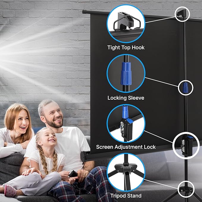 Projector Screen 84" with Floor Standing Portable Fold-Out Roll-Up Tripod Manual, Mobile Movie Screen, Home Theater Cinema Wedding Party Office Presentation, Quick Assembly