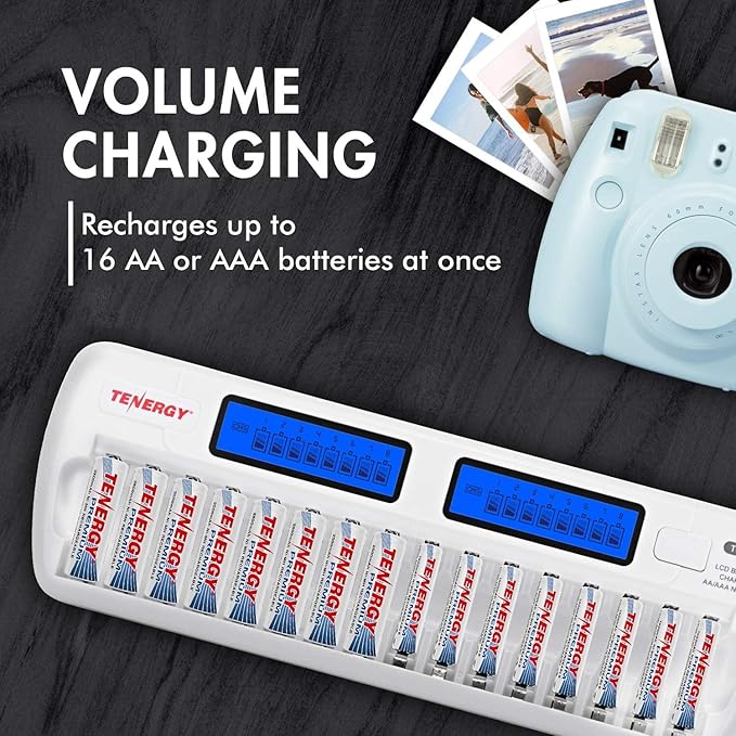 Tenergy TN438 16-Slot Smart Battery Charger for AA/AAA NiMH/NiCd LCD Display + 16 Premium Rechargeable AA Batteries