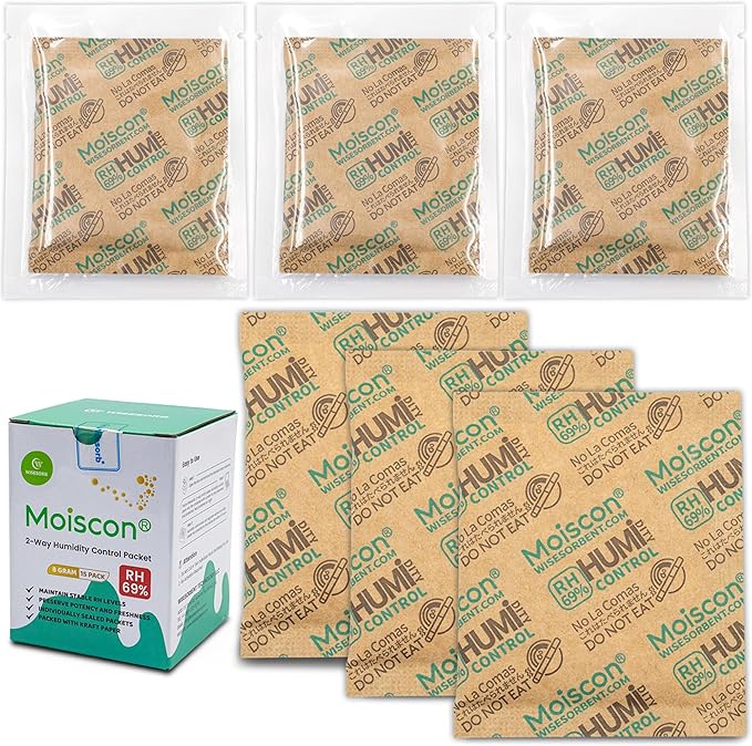 Wisesorb 8 Gram 15 Pack 69% Two-Way Humidity Control Packs for Storing 1 oz, Size 8 for Travel Case Resealable Bags, Humidity Pack Moisture Control Packets Individually Wrapped
