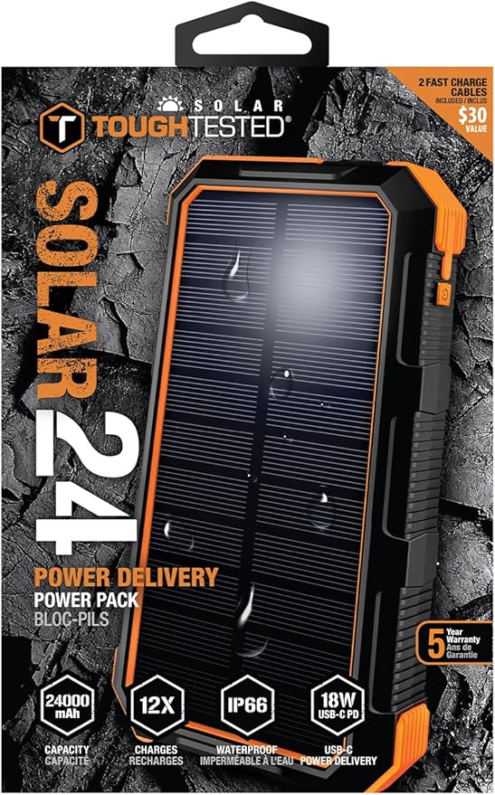 ToughTested Solar Power Bank 24000mAh, Fast Charging Portable Charger External Battery Pack with LED Flashlight, IP67 Waterproof Dustproof Shockproof for Camping, Travel & Emergency Use