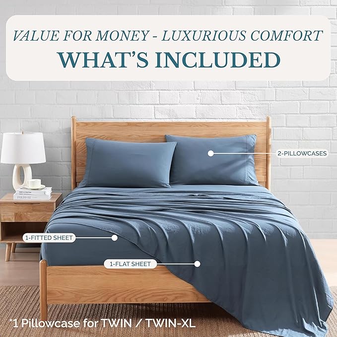 Casa Platino Bedding Sheets & Pillowcases, 3 Piece Set, Pre-Washed Fade Resisitant Cozy Twin Bed Set, 100% Hydro-Brushed Microfiber, Twin Sheet fits up to 15 inch Mattress- Estate Blue