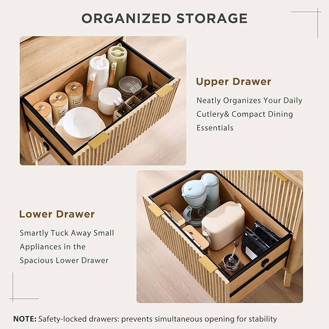 T4TREAM Set of 2 Modern Fluted Sideboard Buffet Cabinet with Drawers Storage, 60" Modular Accent Cabinet for Credenza, Entryway & Hallway, Natural Oak