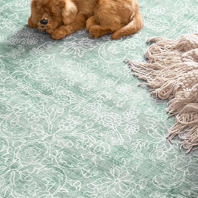 jinchan Runner Rug 2x5 Green Kitchen Rug Hallway Runner - Machine Washable Vintage Floral Non-Slip Low Pile Soft Ultra-Thin Distressed Carpet for Entryway Farmhouse Bedroom Laundry Room (2’x5’, Green)