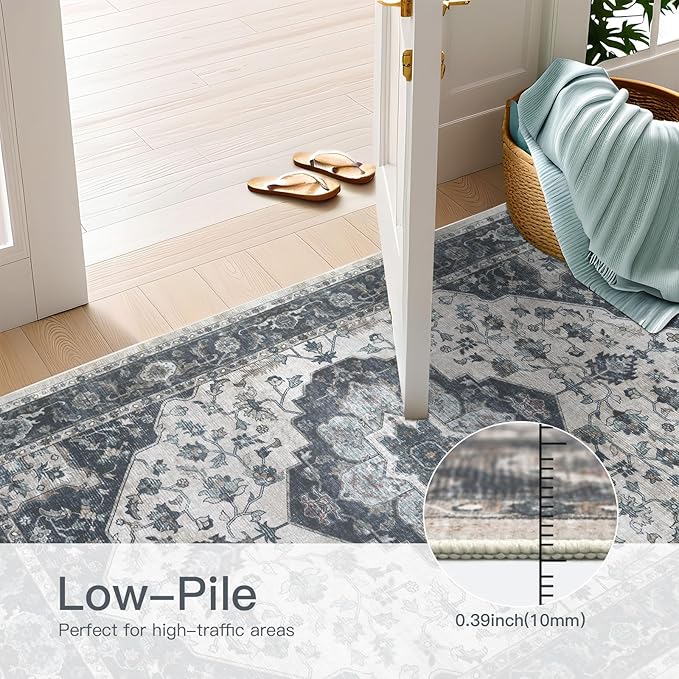 6x9 Vintage Washable Area Rug for Living Room,Low Pile Non Slip Carpet Non-Shedding Area Rug Soft Indoor Stain Resistant Rug Floral Print Mat for Bedroom Dining Room Blue Beige
