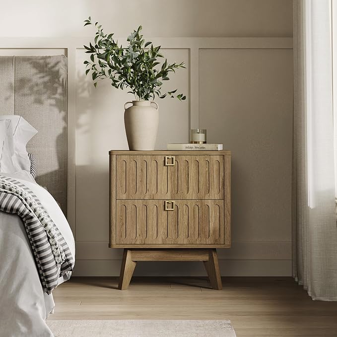 SICOTAS Nightstand Set of 2, Modern Bedside Tables with 2 Drawers, Stable Bedroom Nightstands with Textured Drawer Front and Gold Hardware for Bedroom, Apartment
