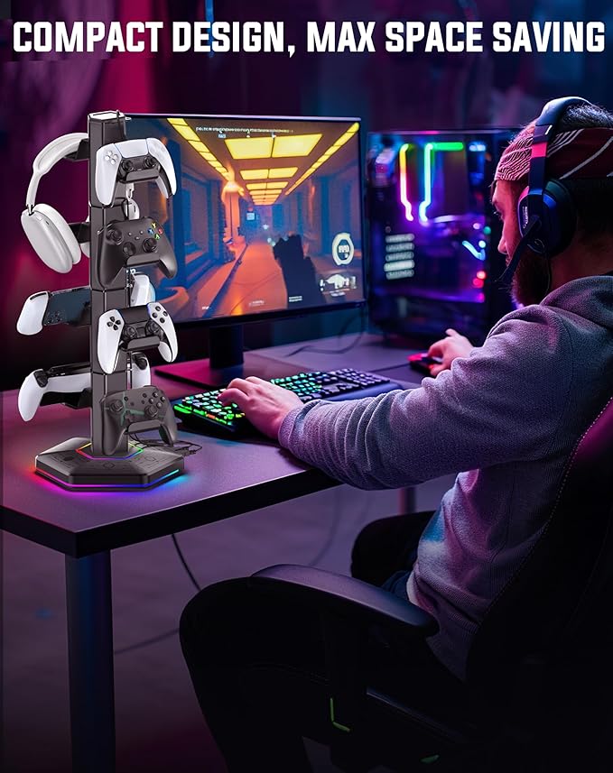 Kytok Headset And Controller RGB Stand for Xbox/ PS5/ PS4 Controller, Headphone & Remote Holder for Desk with 9 RGB Lights & 2 USB 3.0 Ports, Gaming Organizers & Storage Accessories for Gaming Gift