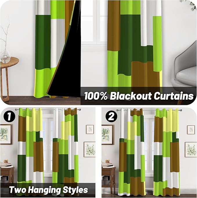 Avocado Green 100% Blackout Curtains for Bedroom 96 inch Long 2 Panels Set White Modern Abstract Geometric Black Out Curtains Insulated Room Darkening Window Drapes for Living Room, 52Wx96L