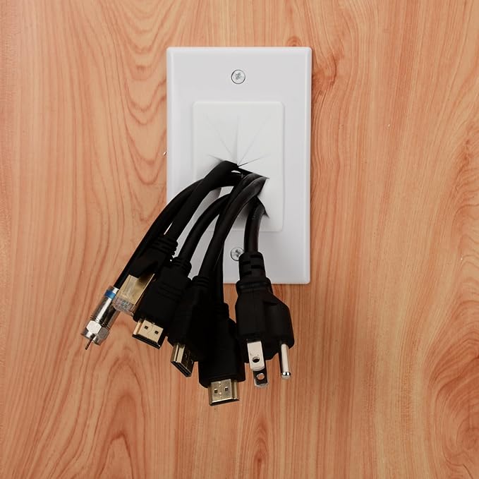 Kebulldola 1 Gang Wall Plate Cable Pass Through with Low Voltage Mounting Bracket, in Wall Cable Management Kit Built in Flexible Rubber Passthrough for Low-Voltage Cable Easy Install, 2 Pack White