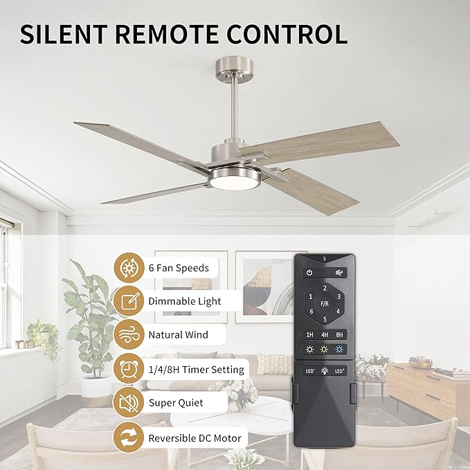 WINGBO 72 Inch Ceiling Fan with Light and Remote, 4 Plywood Blades, 6-Speed Reversible DC Motor, Dimmable, 3CCT, Farmhouse Ceiling Fan for Bedroom Living Room Kitchen, Brushed Nickel and Gray