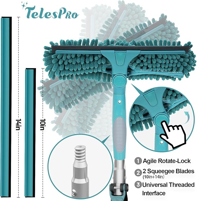 TelesPro 20 Feet High Reach Window Squeegee with 5-12Ft Extension Pole, Window Cleaner Tool with 3-Stage Telescoping Pole, Window Cleaning Kit with Rotatable Head (2 Squeegee & 2 Microfibre Cloths)