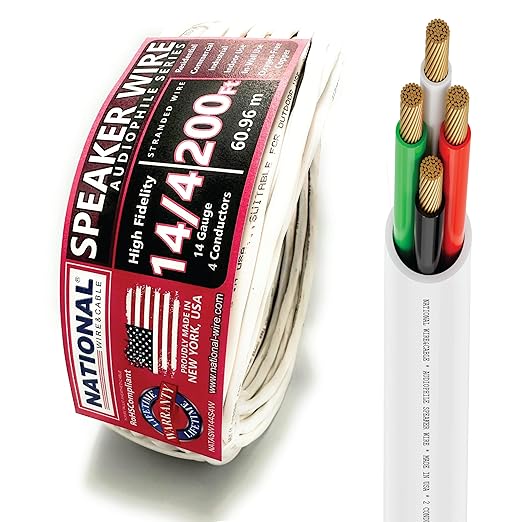 National Wire&Cables - 14/4 Audiophile Speaker Wire (200 Feet) 14AWG Gauge - Made in USA - in Wall Audio Speaker Wire Cable/CL Rated/ETL Listed / 2 Conductors - OFC Oxygen-Free Copper, White 200ft